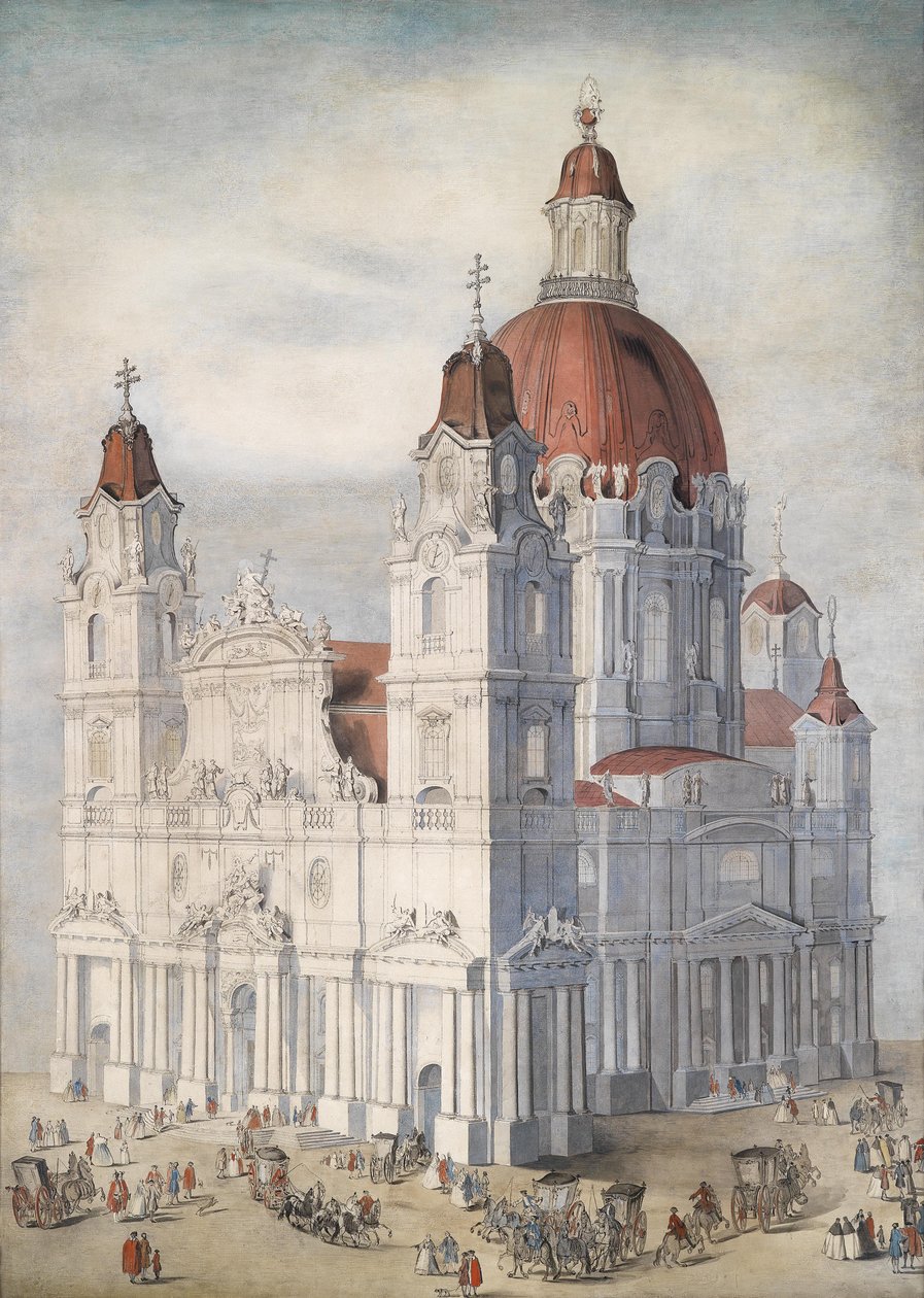 Monumental Baroque Church with Figures and Carriages by Unbekannt Unbekannt