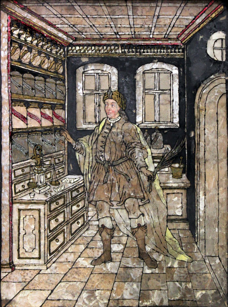 Pharmacist in Antique Costume in His Office by Unbekannt Unbekannt