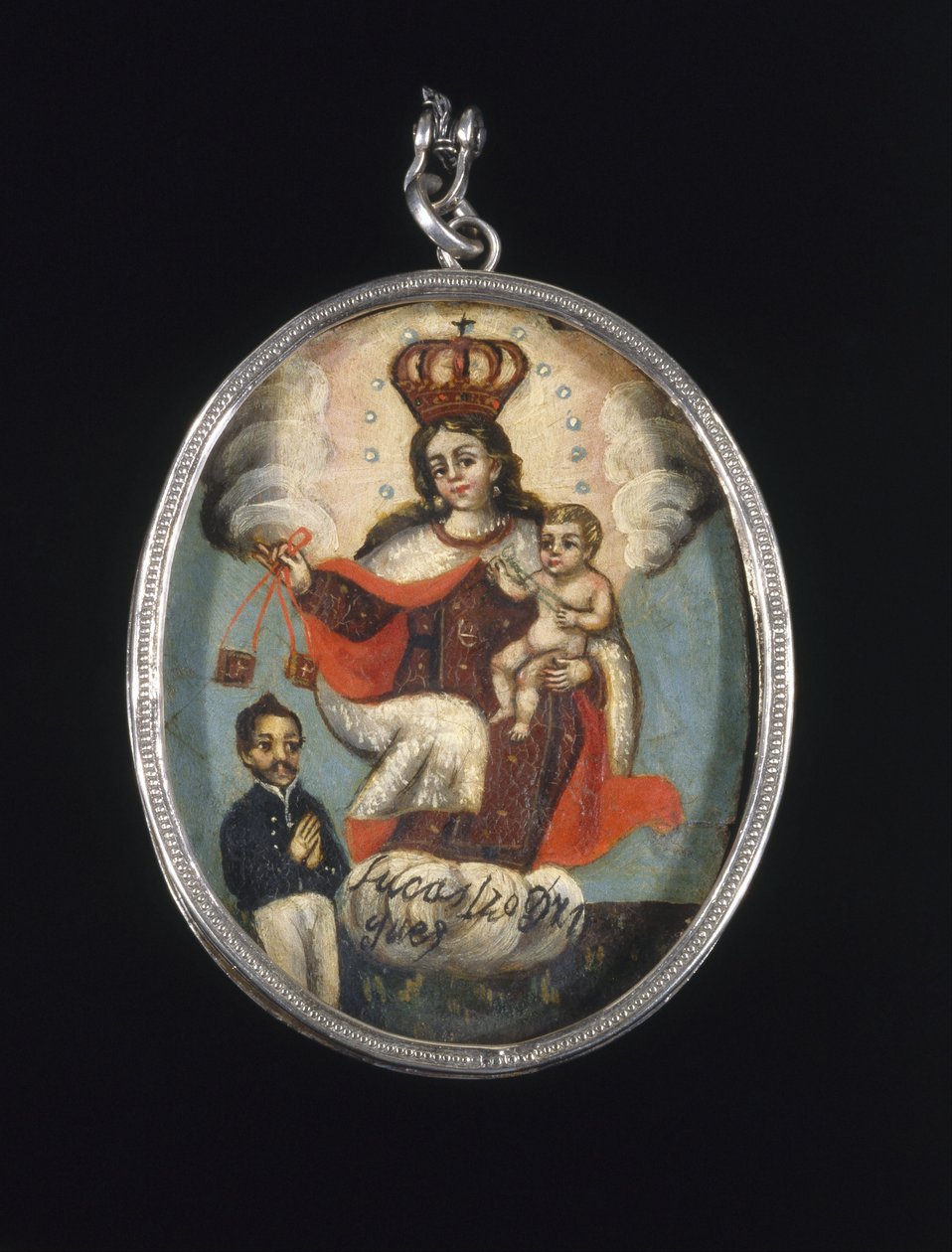 Painted Medallion in Locket Frame (Recto: Our Lady of Mount Carmel with Male Donor Figure, Verso: Archangel) by Unbekannt Unbekannt