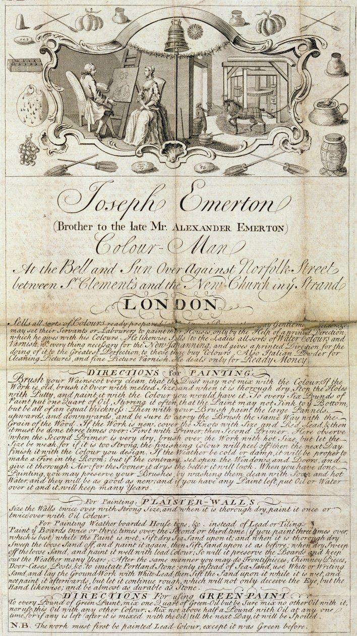 Trade sheet of Joseph Emerton, Colour Man. advertising supplies of materials for painters and artists by Unbekannt Unbekannt