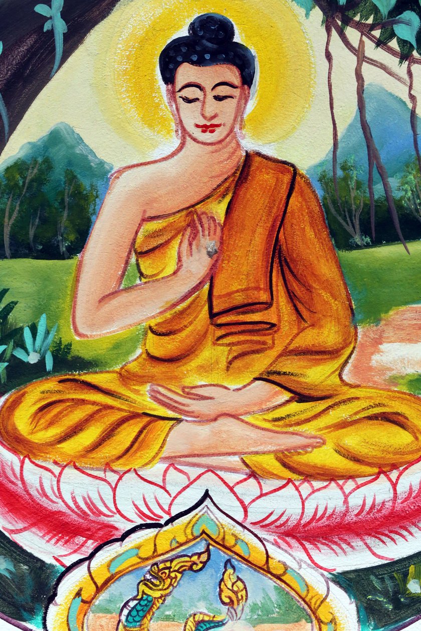 Wat Inpeng Buddhist Temple. Painting Depicting the Life Story of Shakyamuni Buddha. The Teaching Buddha Depicts a Particular Moment in the Life of the Buddha, Namely, the First Sermon the Buddha Gave After Reaching Enlightenment, Vientiane, Laos by Unbekannt
