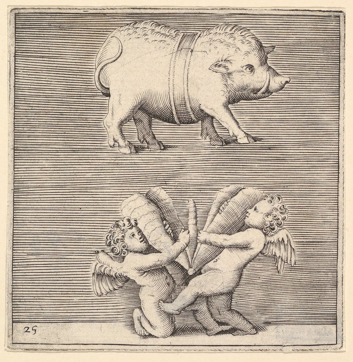 A Belted Pig and Two Cupids or Geniuses with a Butterfly or Moth by Unbekannt