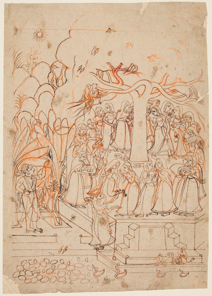 A Leaf from a Baramasa Series: The Month Jyestha May-June, Krishna Watches the Gopis by Unbekannt