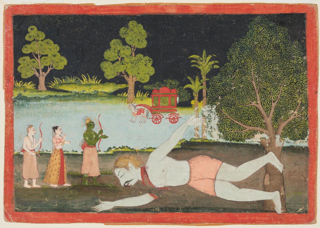 A page from a Ramayana: Rama, Lakshman and Sita before a slain giant by Unbekannt