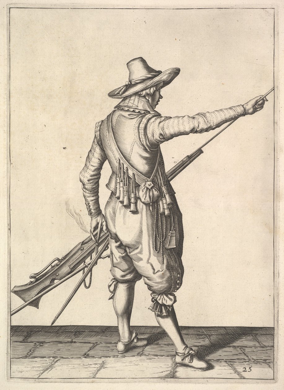 A soldier pulling out the ramrod from its holder, from the Musketeers series, plate 25 by Unbekannt