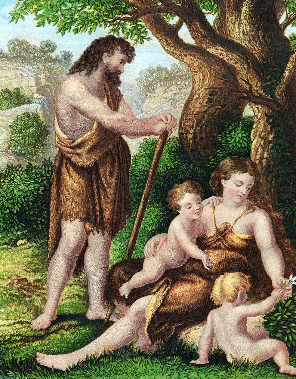 Adam and Eve with their sons, Cain and Abel, resting