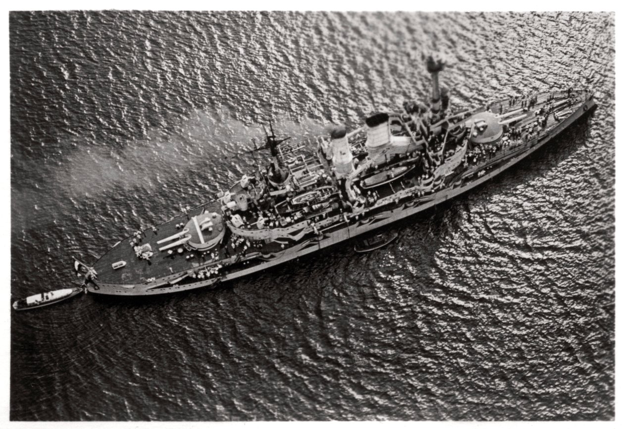 Aerial view of the German battleship SMS Schlesien, from a Zeppelin, c1931-1933 by Unbekannt