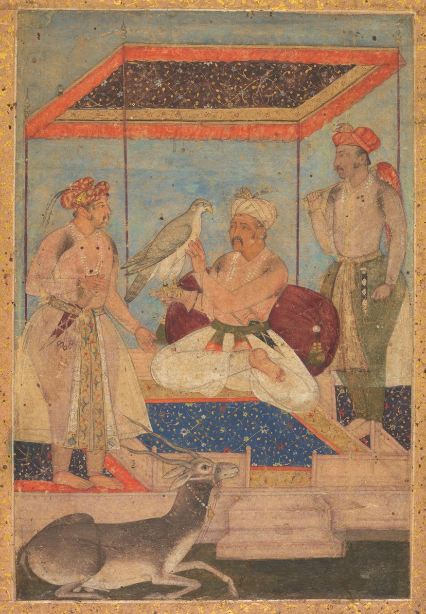 Akbar and Jahangir Examine a Ghir Falcon While Prince Khusrau Stands Behind by Unbekannt