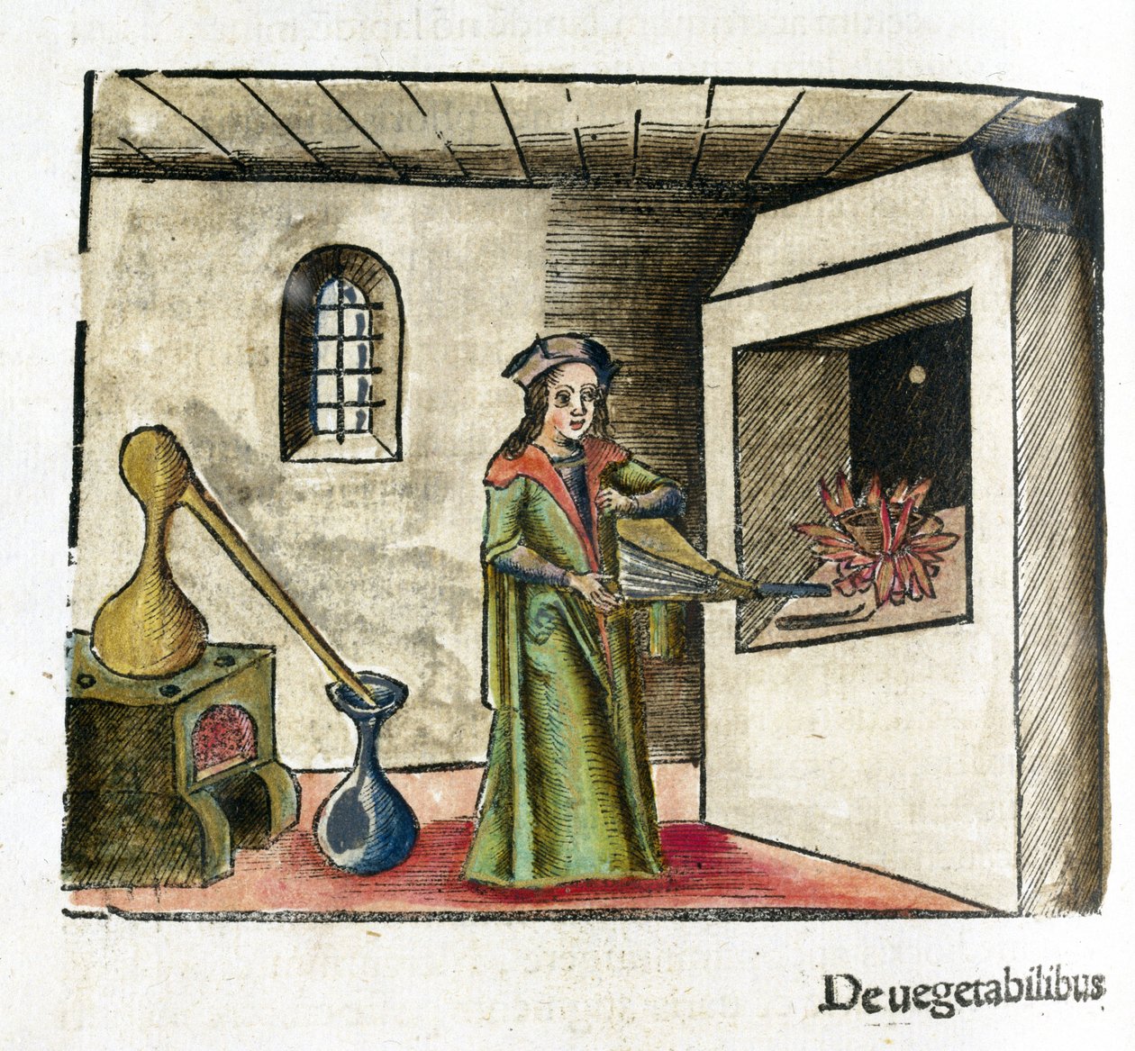Alchemy 16th Century: An Alchemist at Work, Operating a Bellows in Front of His Workshop Fireplace, with a Stove and Alembic Behind Him by Unbekannt