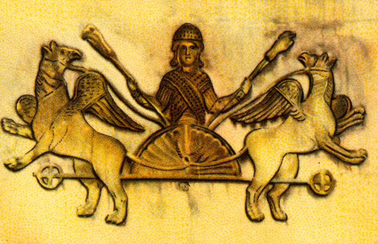 Alexander the Great in a chariot pulled by winged griffins by Unbekannt