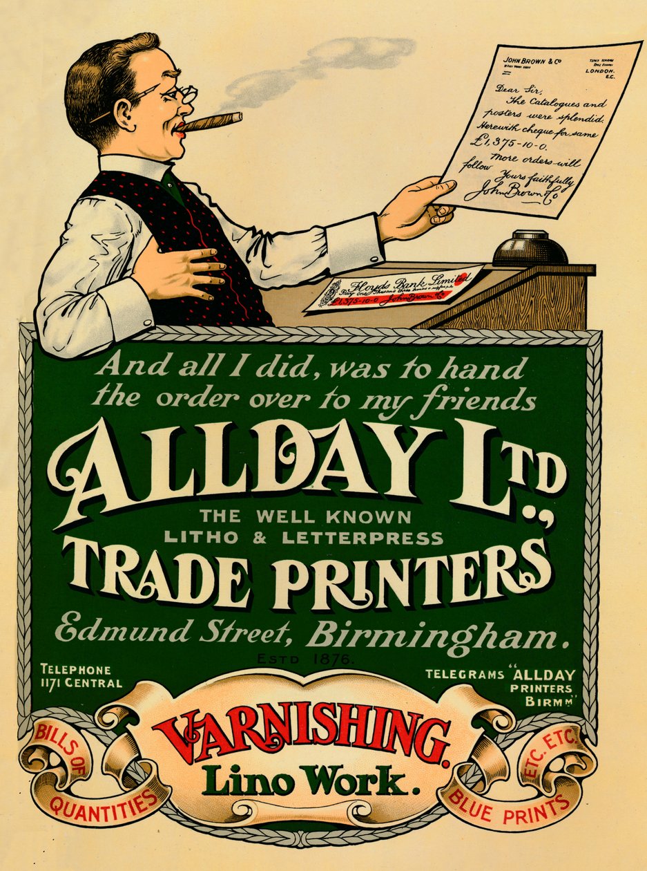 Allday Ltd., Trade Printers advertisement, 1910 by Unbekannt