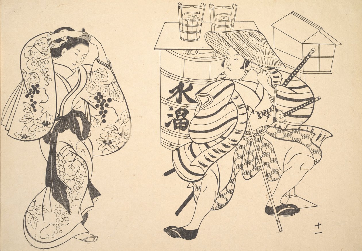 An Oiran Rearranging Her Hair in the Street while a Young Samurai Looks on by Unbekannt