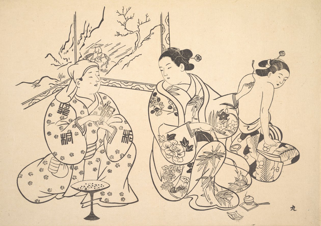 An Oiran Seated in a Parlor Applies the Fire Treatment to the Bared Back of Another Woman by Unbekannt