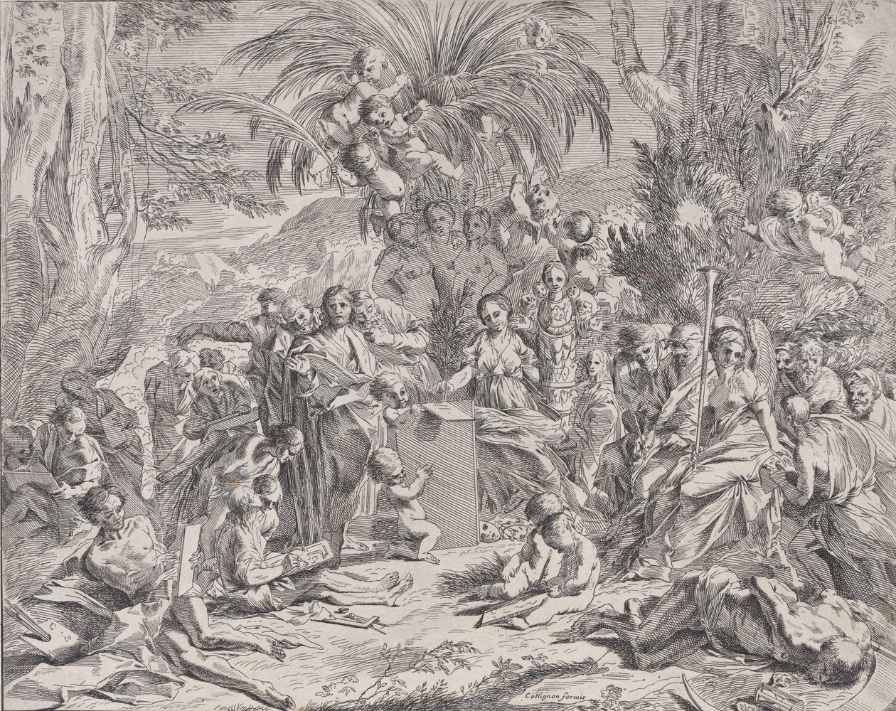 An allegory of painting, who as a child in the centre left draws on a tablet, surrounded by others, 1650-1700 by Unbekannt