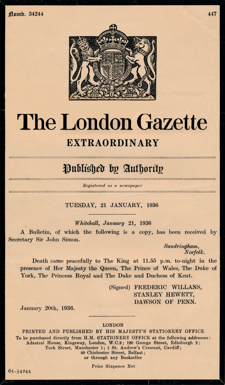 An Extraordinary Bulletin by The London Gazette Announcing the Death of King George V by Unbekannt