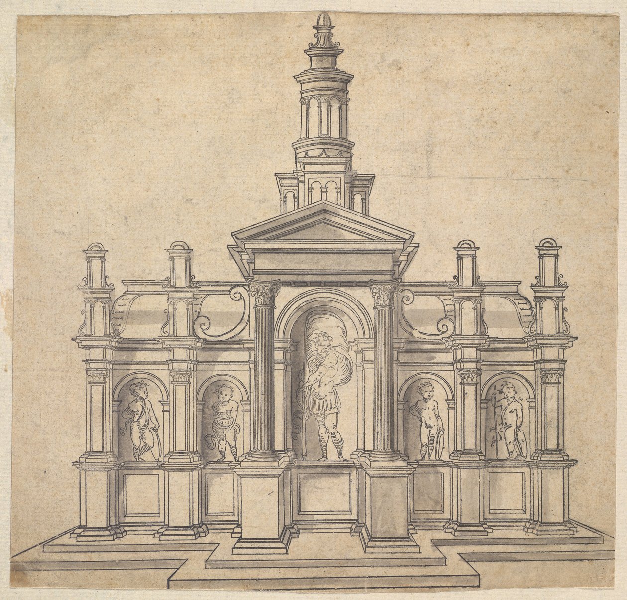 Architecturally-Shaped Tabernacle with a Saint and Four Putti by Unbekannt