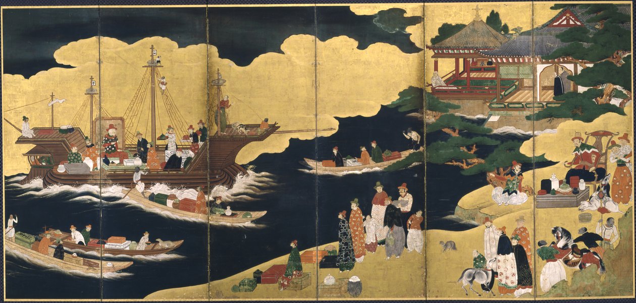 Arrival of a Portuguese ship. Nanban screen by Unbekannt