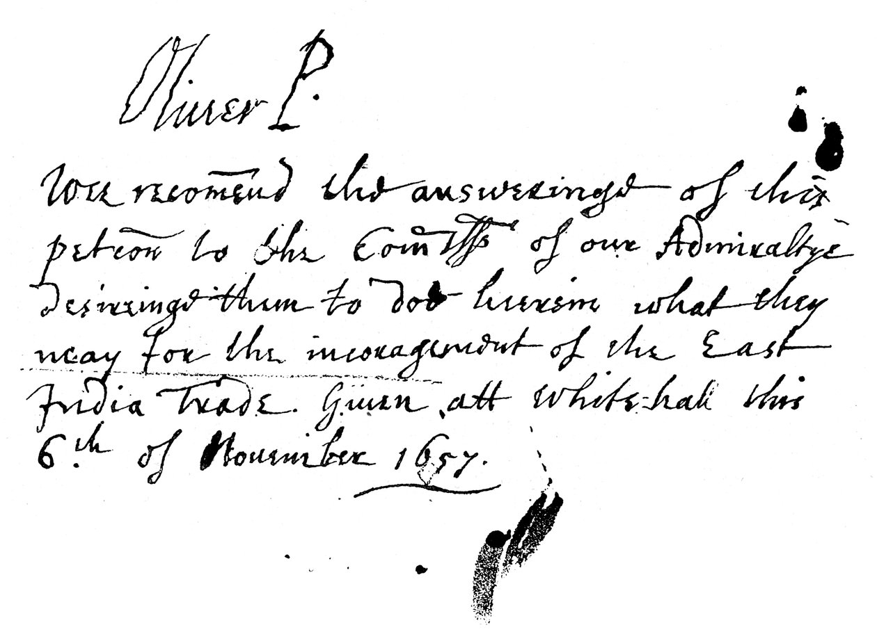 Autograph Note of Oliver Cromwell to a Petition of the East India Company, November 1657 by Unbekannt