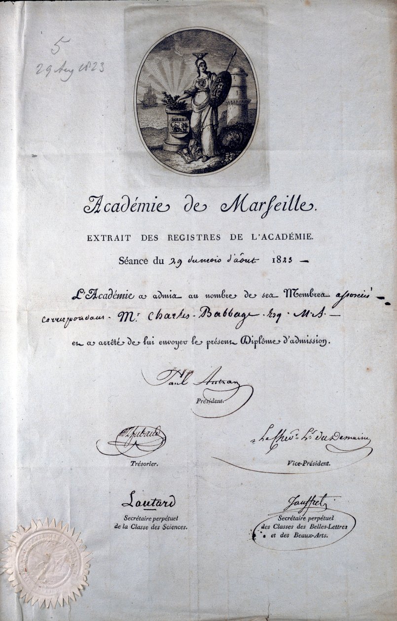 Babbage Diploma from the Academie de Marseilles by Unbekannt