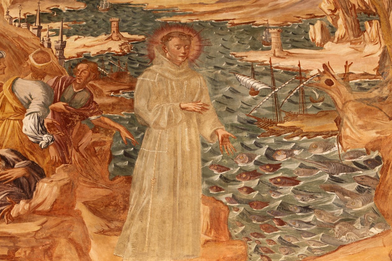 Basilica di Santa Caterina, Galatina, Apulia Fresco in the cloister: St Anthony preaching to the fish (Painted by BrJoseph of Gravina in 1696), Galatina, Italy by Unbekannt