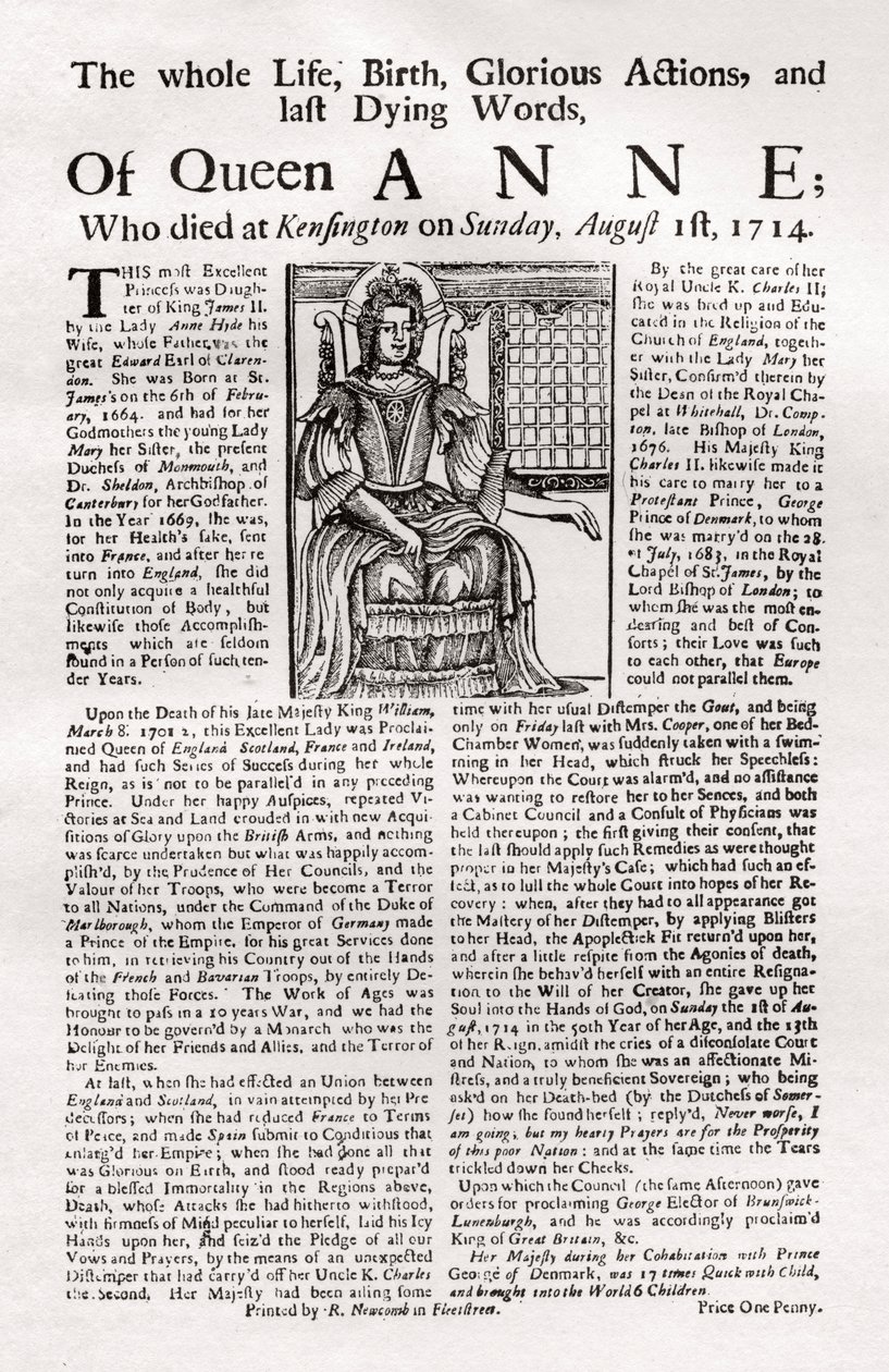 Broadside Published on the Death of Queen Anne by Unbekannt