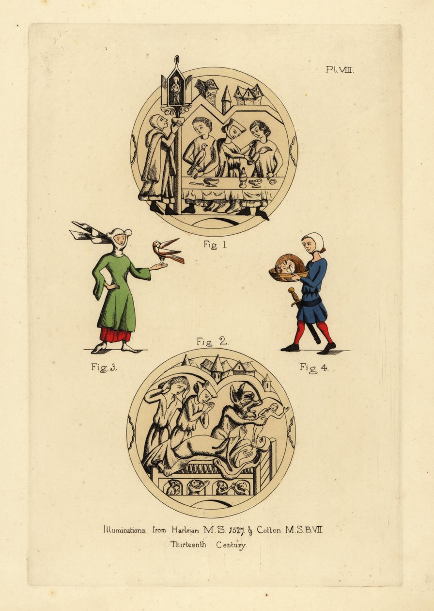 Carouse with men in cyclas admonished by a man in a legal coiff and capuchon, deathbed scene with the Devil taking the soul of a man, woman in wimple and horned hat with cointose scarf and bird, executioner of John the Baptist with his head on a plate by Unbekannt
