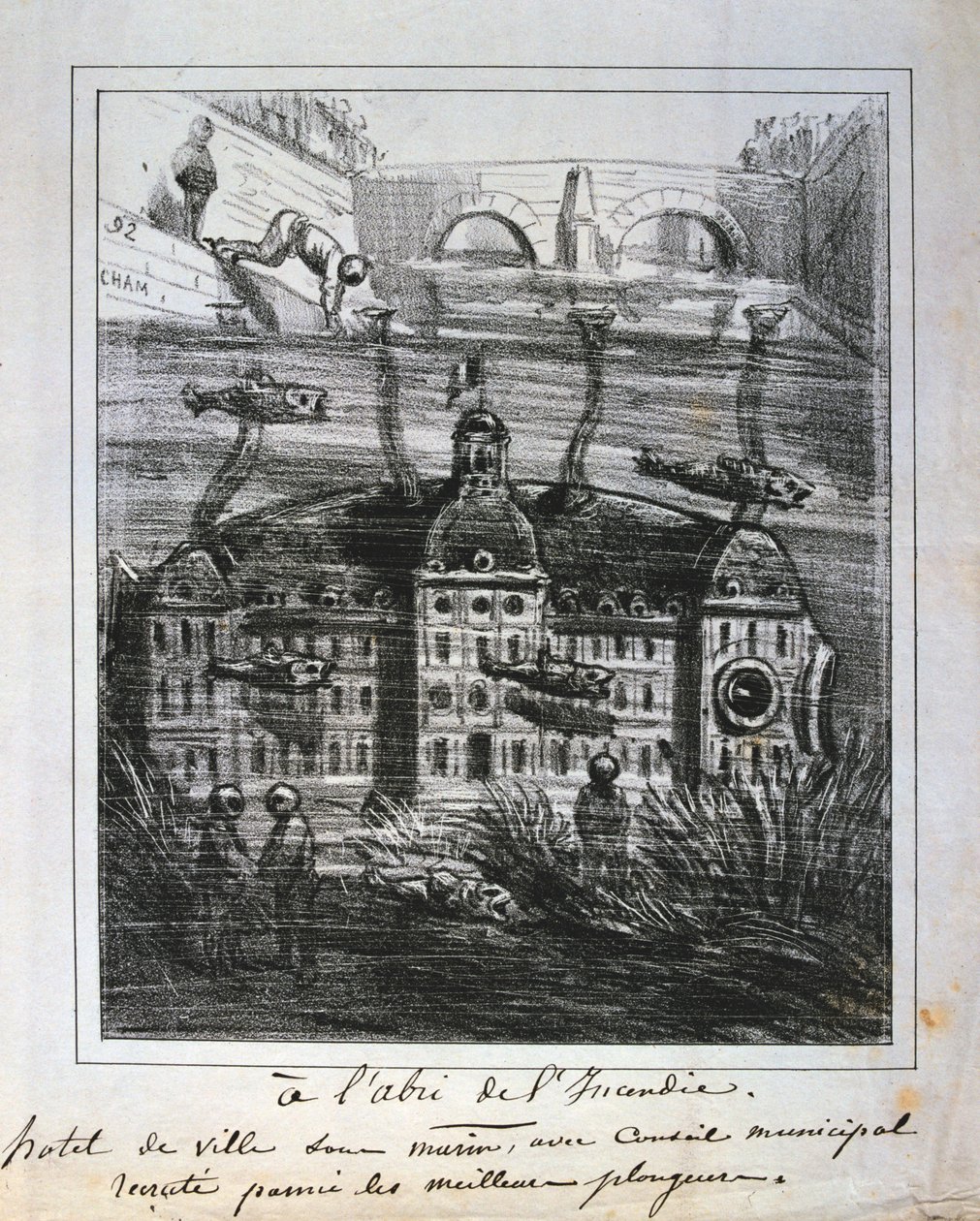 Cartoon Proposal to Rebuild the Hotel de Ville Under Water to Prevent Fire, Paris Commune by Unbekannt