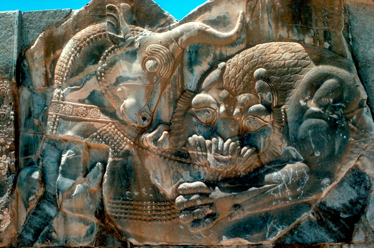 Carving of a bull and lion, Persian, 5th century BC by Unbekannt