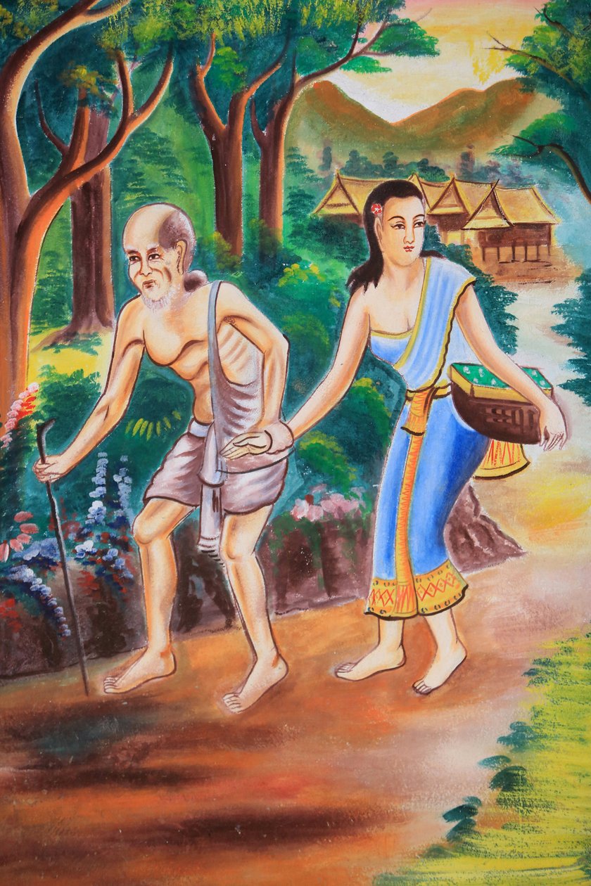 Ceiling artwork depicting the life of Buddha, Wat Si Sou Mang Karam Temple, Vieng Vang, Laos by Unbekannt