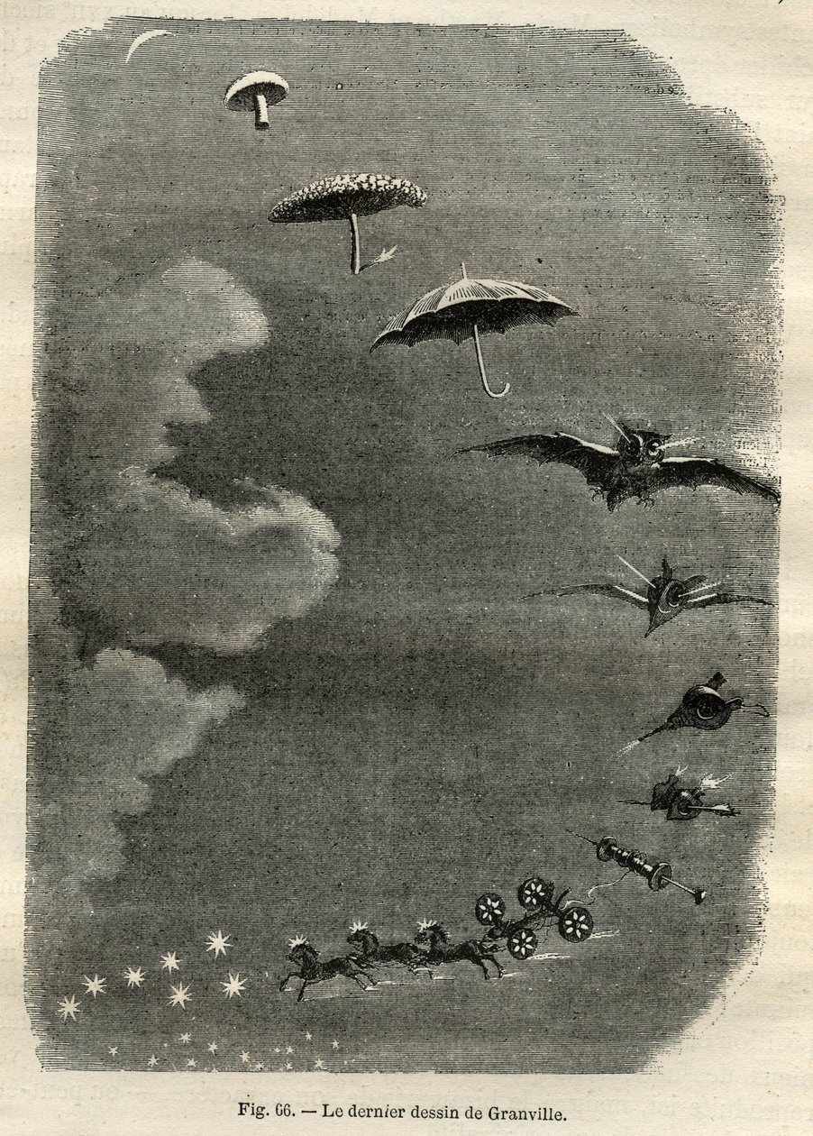 Celestial metamorphosis: The dream of a young girl who contemplates the moon, who turns into a mushroom, umbrella, bat... and finally into a tank of the Great Bear (last drawing by Jean-Isidore Gerard, dit J.J. Grandville) by Unbekannt