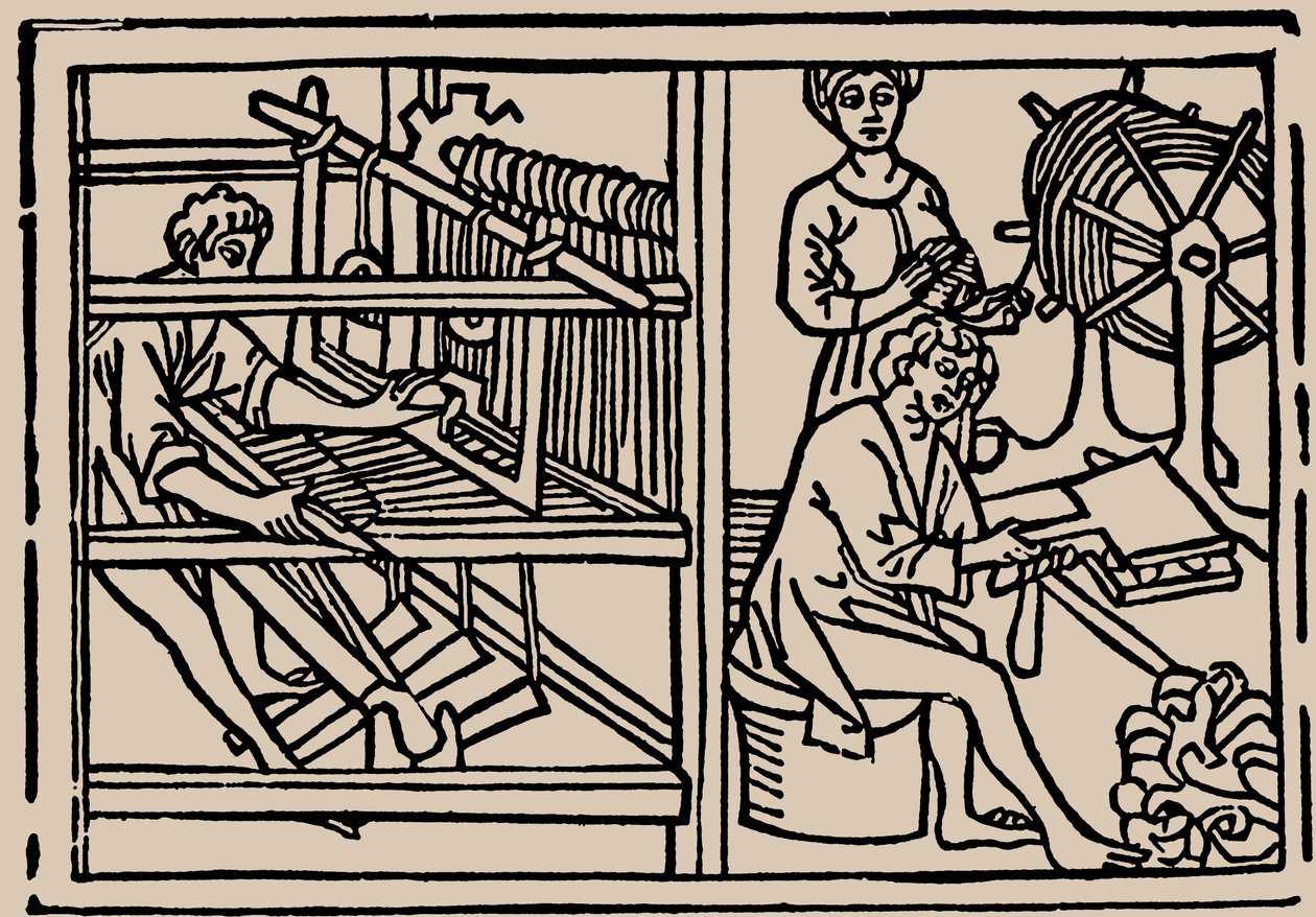 Combing, spinning and weaving of wool. From Speculum Vitae Humanae by Rodericus Zamorensis by Unbekannt