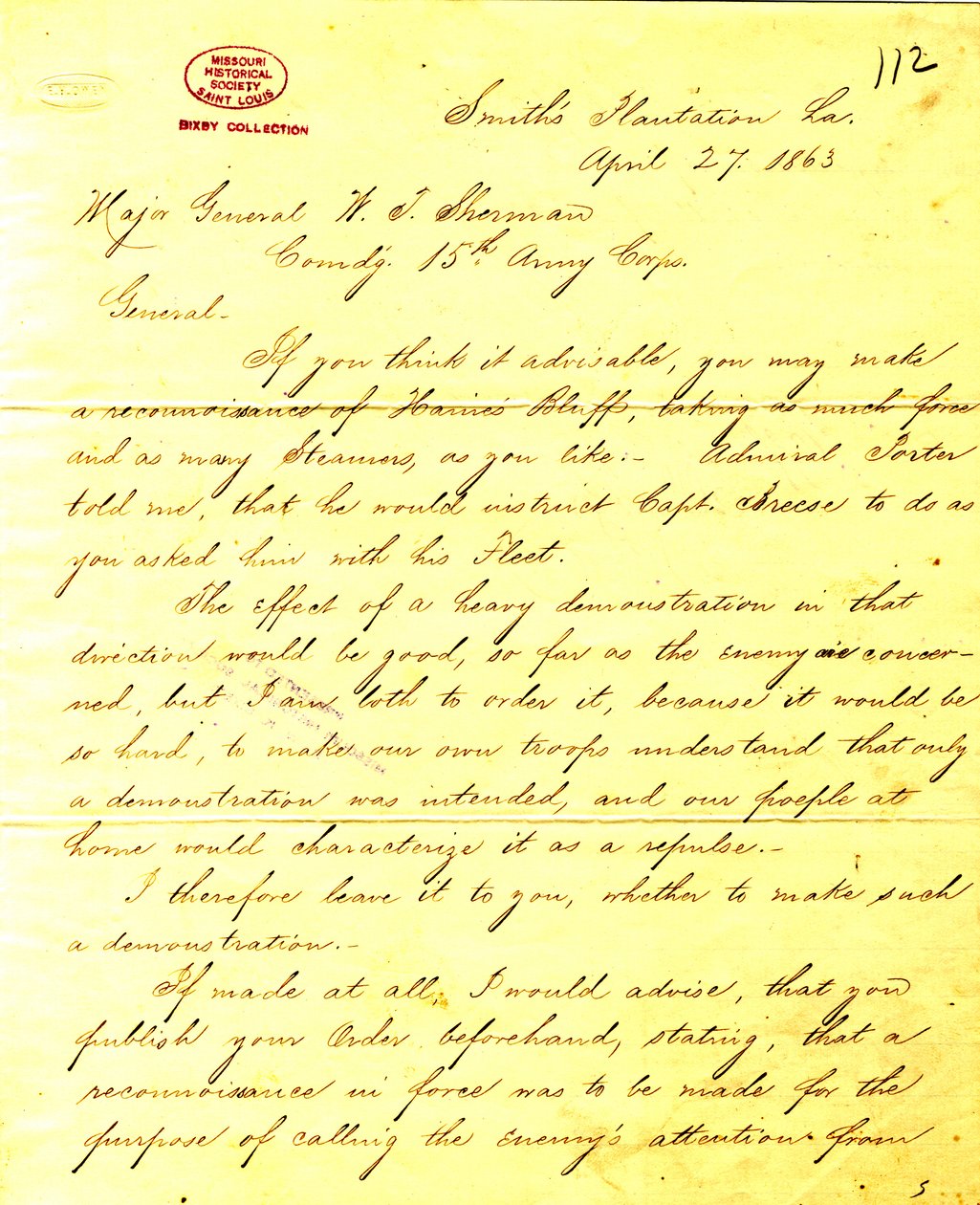 Contemporary copy of letter from U. S. Grant, Smith
