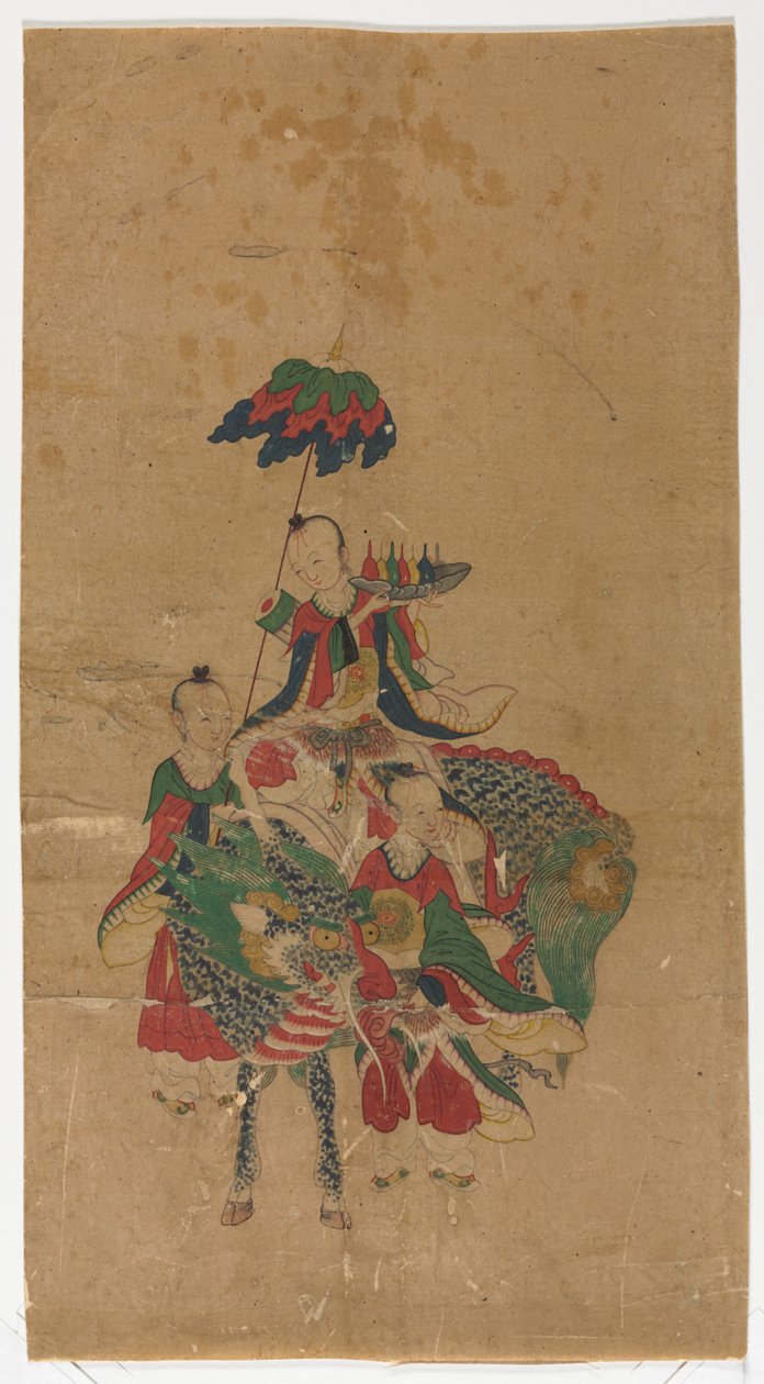 Daoist Immortal on a Kilin and Two Attendants, Late 1800s by Unbekannt