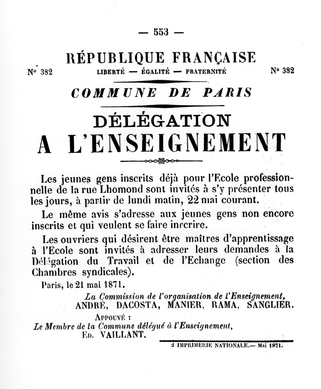 Delegation to Education, from French Political Posters of the Paris Commune, May 1871 by Unbekannt