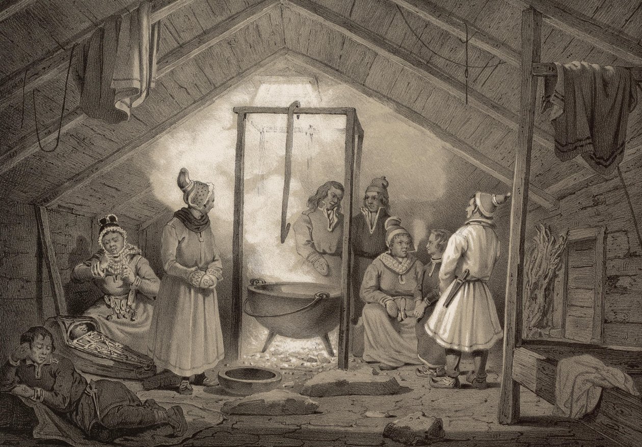 The Interior of a Peasant Hut in Finmark. Illustration from the book Norway Represented in Drawings by Asbjørnsen, P.Chr. and published by Chr. Tønsberg (1848). Sunday-dressed Sami in a hearth room. 