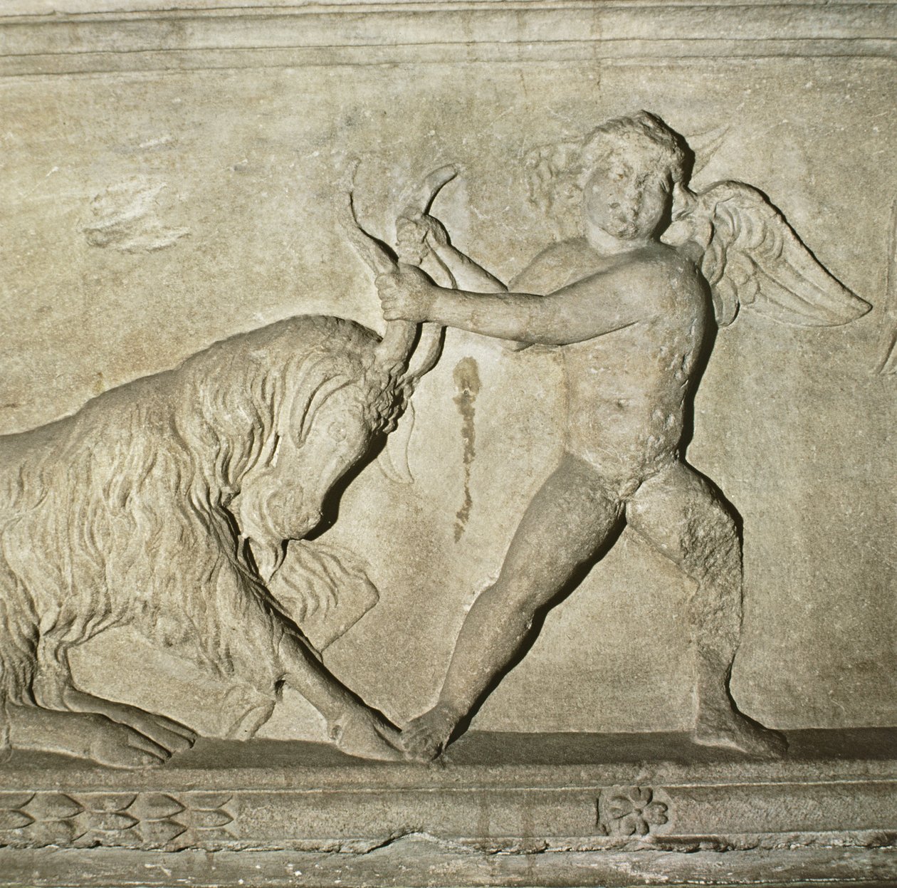 Detail from a Greek sarcophagus from Lydia, depicting a putto wrestling with a goat by Unbekannt