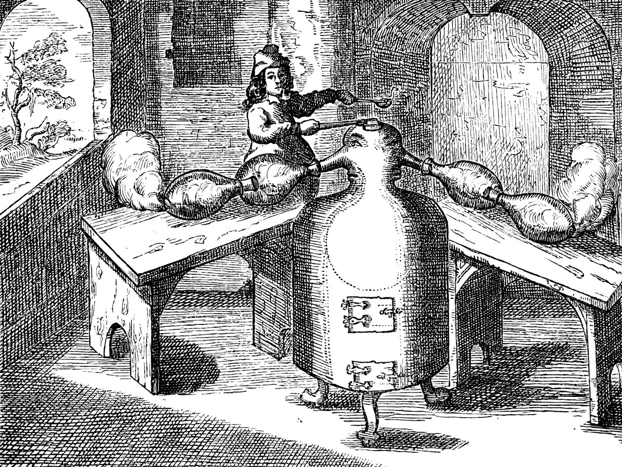 Distillation of Nitric Acid Aqua Fortis or Parting Acid in an Iron Man with Two Noses, 1689 by Unbekannt