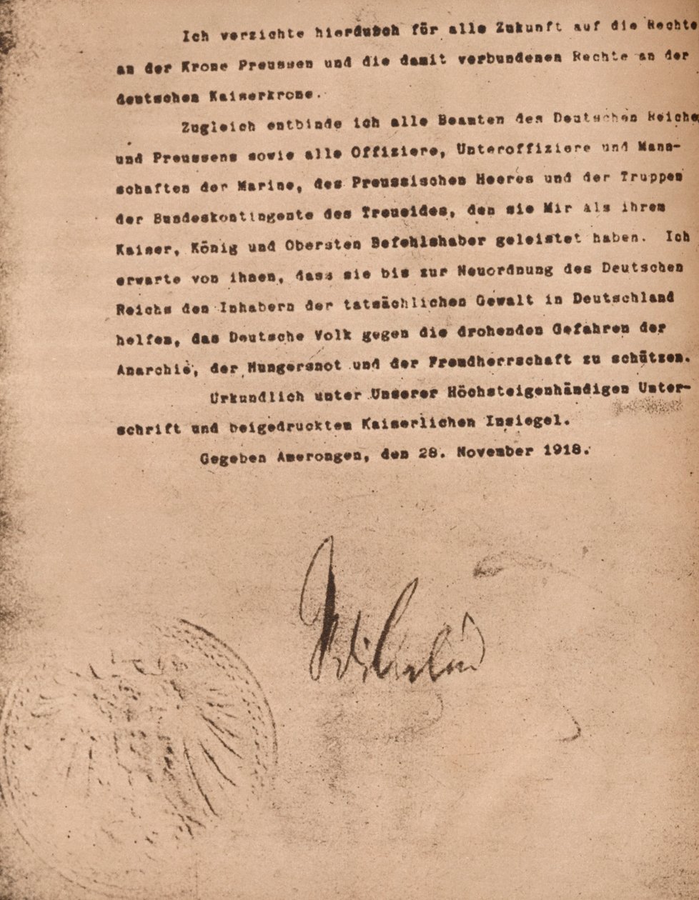 Document Confirming the Abdication of Kaiser Wilhelm II of Germany by Unbekannt