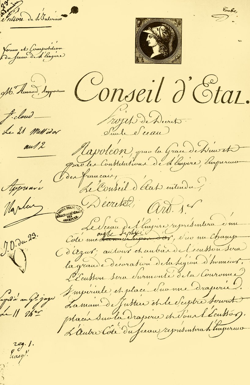 Draft decree on the form and composition of the imperial seal, 10 July 1804 by Unbekannt