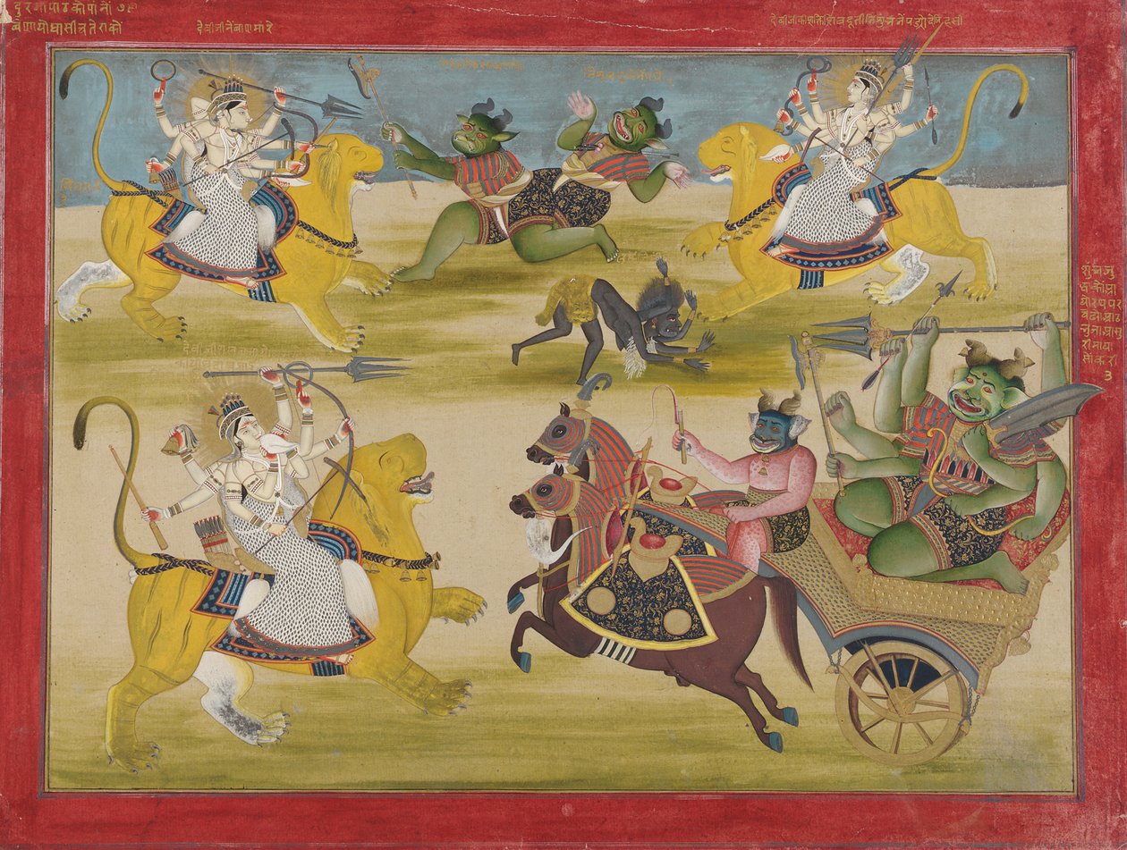 Durga fighting the rakshashas Shunga and Nishunga, from a Devi Mahatmya by Unbekannt