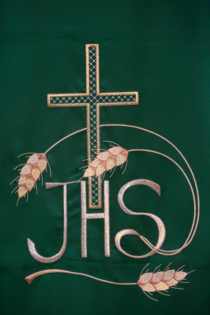 Embroidery in Maria SS, Assunta church: Jesus Christ christogram or monogram, Galatone, Italy by Unbekannt