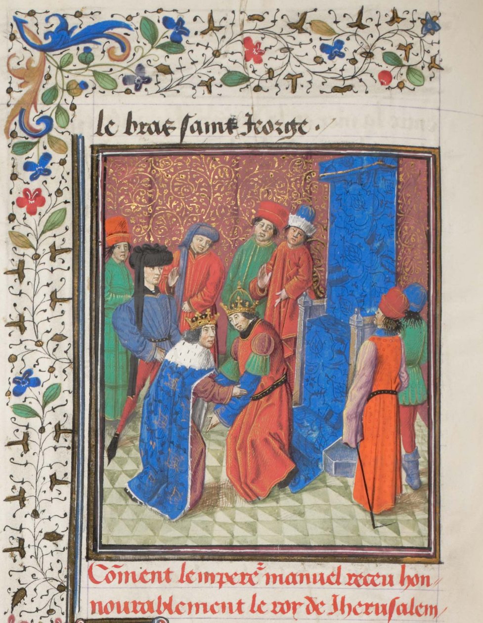 Emperor Manuel I Komnenos meets with king Amalric I of Jerusalem. Miniature  from the Historia by William of Tyre, 1460s