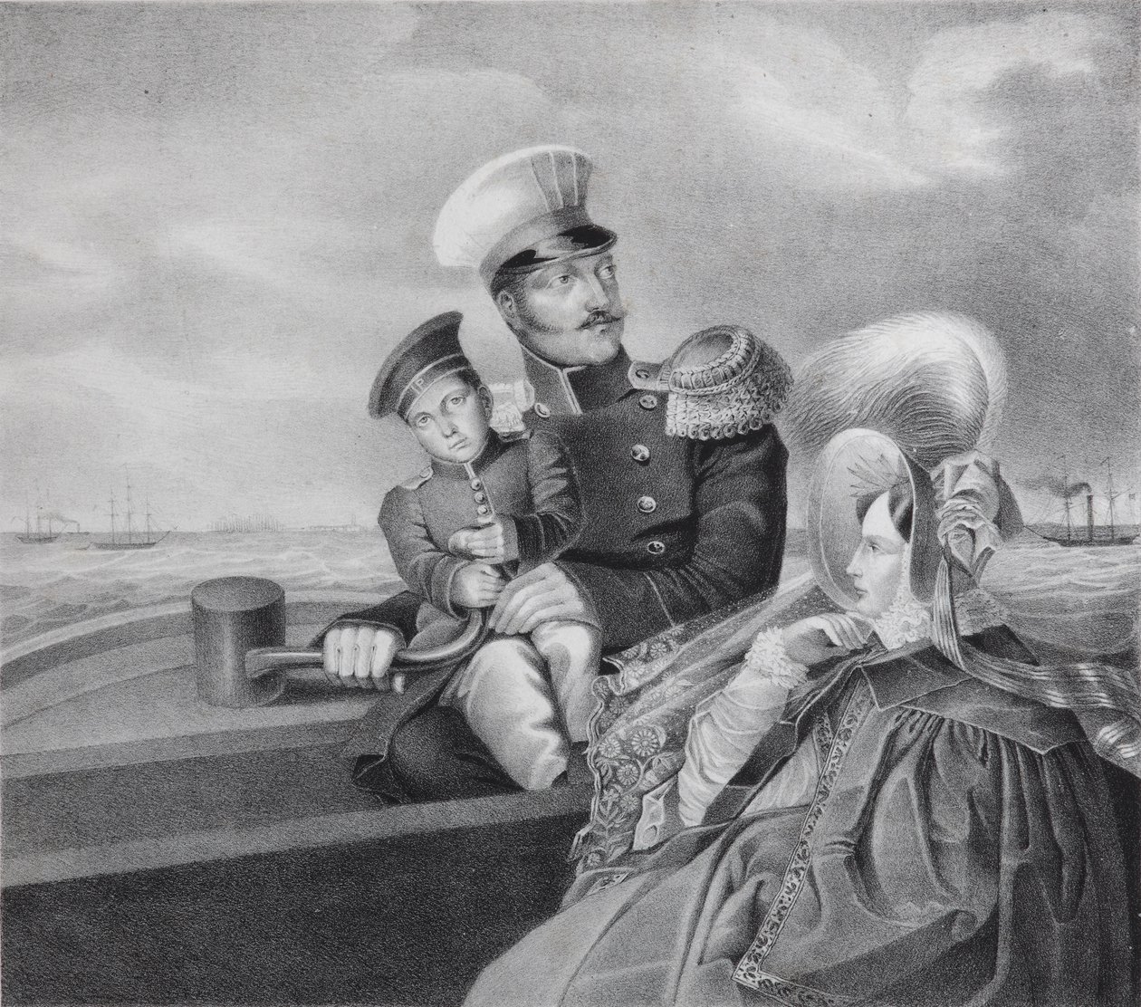 Emperor Nicholas I and Empress Alexandra Fyodorovna with son Konstantin Nikolaevich on a boat trip by Unbekannt