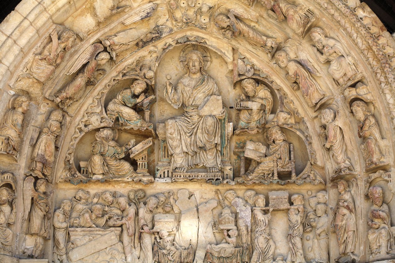 Fleury abbey basilica north gate tympanum: Christ in glory surrounded by evangelists, Saint Benoit sur Loire, France by Unbekannt