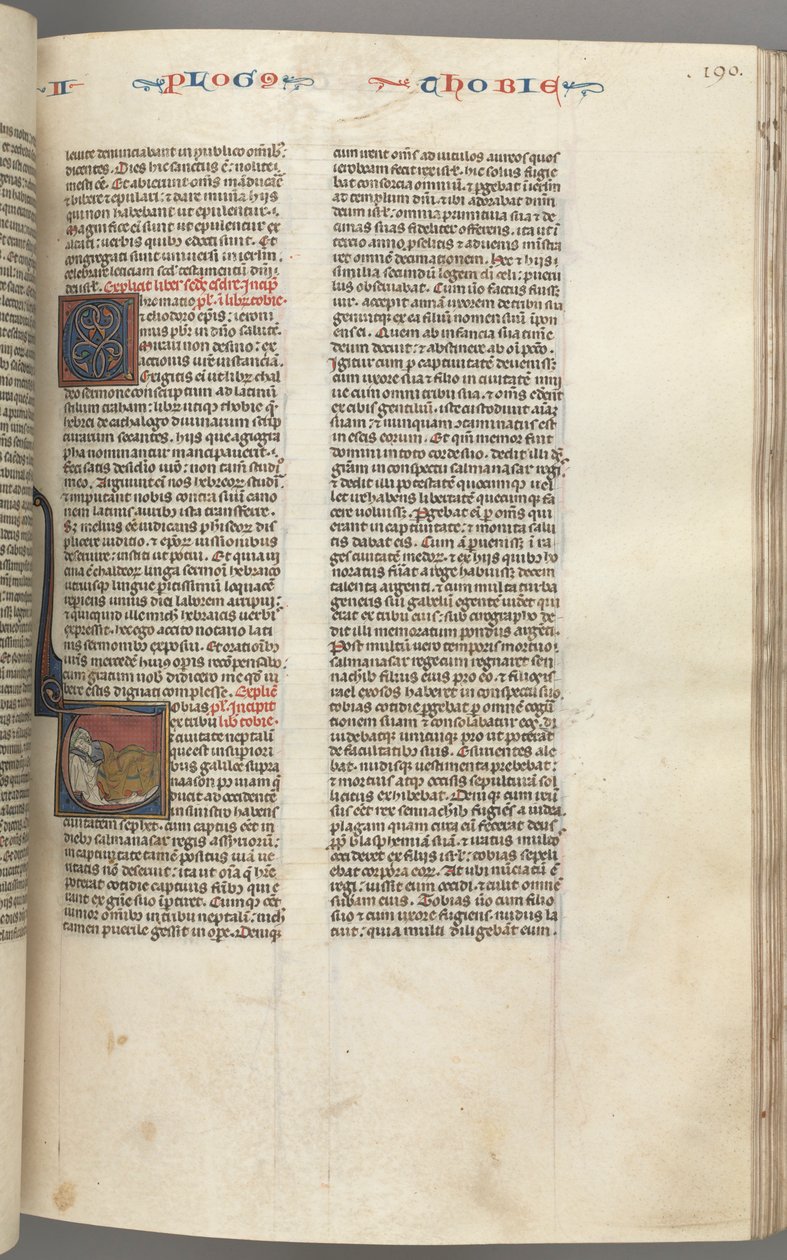 Tobit, historiated initial T, Tobit sleeping on a bed, c. 1275-1300 by Unbekannt