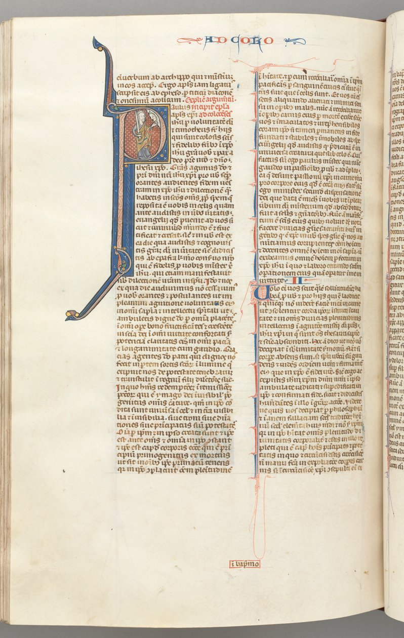 Fol. 453v, Colossians, historiated initial P, Paul standing talking to the bust of God above by Unbekannt