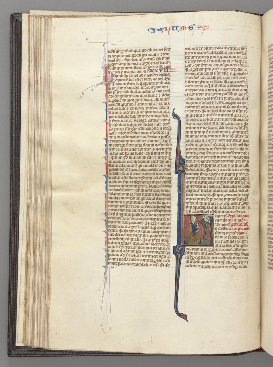Fol. 46v, Numbers, historiated initial L, Moses with horns, kneeling before God, c. 1275-1300 by Unbekannt