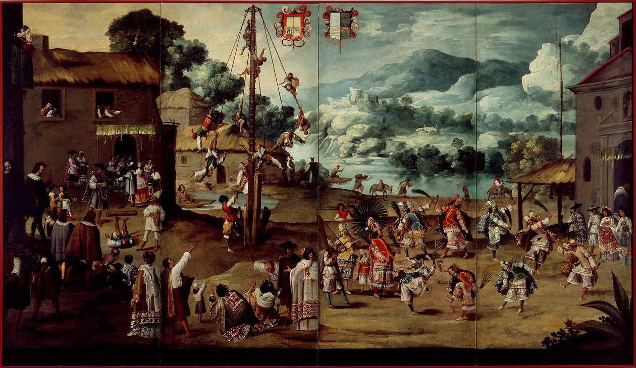 Folding Screen with Indian Wedding and Flying Pole (Biombo con desposorio indígena y palo volador) by Unbekannt