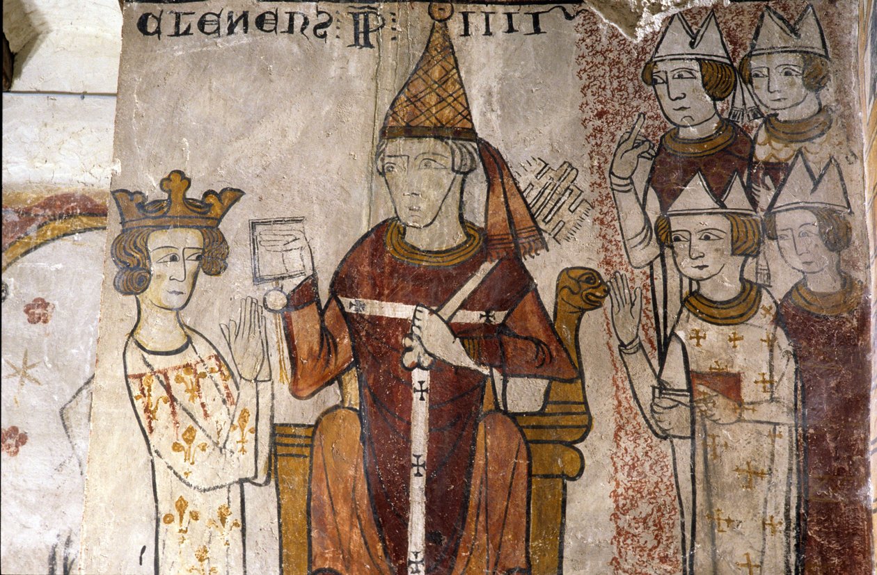 Fresco of the Ferrande Tower in Pernes-les-Fontaines (Pernes les Fontaines, Vaucluse (84)) from the 13th Century: Charles I of Anjou (1226-1285) was Invested in the Kingdom of Sicily on 28/06/1265 by Pope Clement IV (c. 1195-1268). by Unbekannt