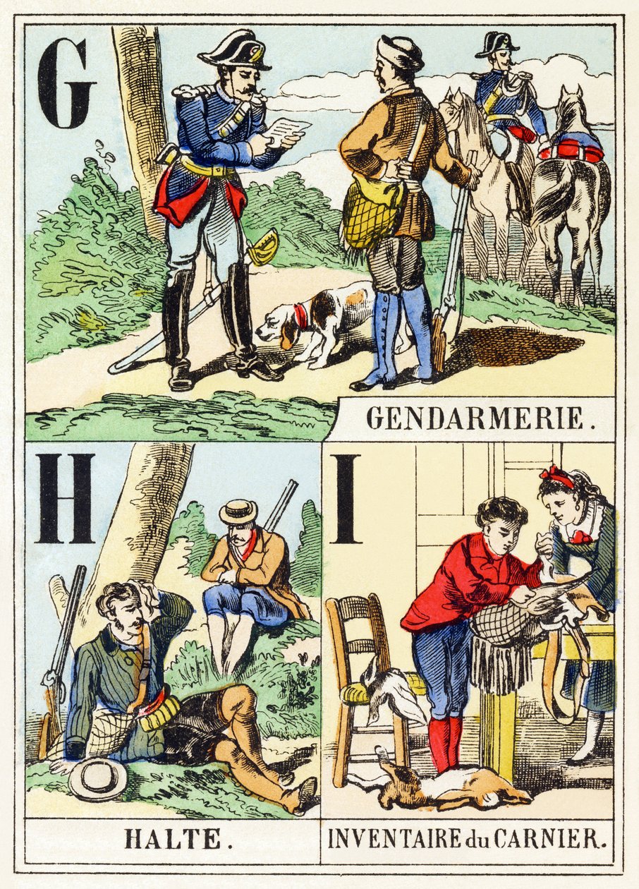 G H I: Gendarmerie, Halt, Inventory of the Game Bag - The Hunting Alphabet, c.1890 by Unbekannt